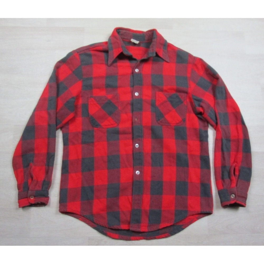 Vintage 70s Big Mac Flannel Shirt Mens (L Tall) Red Buffalo Plaid Dagger‎ Collar